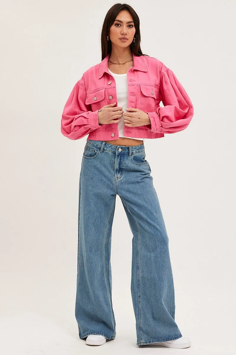 Pink Demin Jacket Long Sleeve Crop